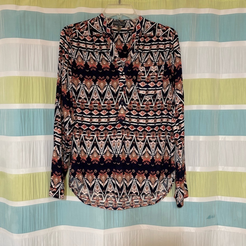 Market & Spruce Women's Patterned Top Blue, Cream, and Pink Sz Medium - Picture 9 of 9